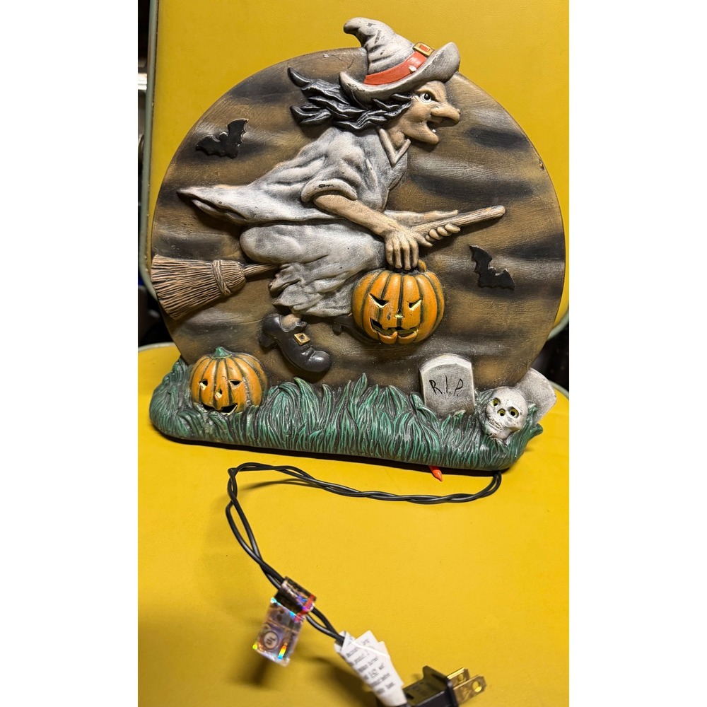 Vintage Halloween Double Sided Lighted  Witch Haunted Tree Decor Ceramic